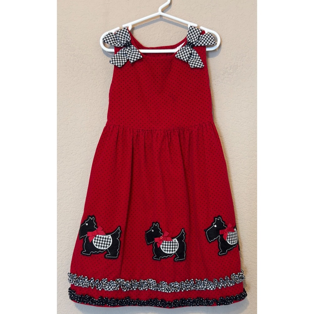 Vintage Rare Editions Girls Red Corduroy Scottie Dog Jumper Dress Size 6 Holiday